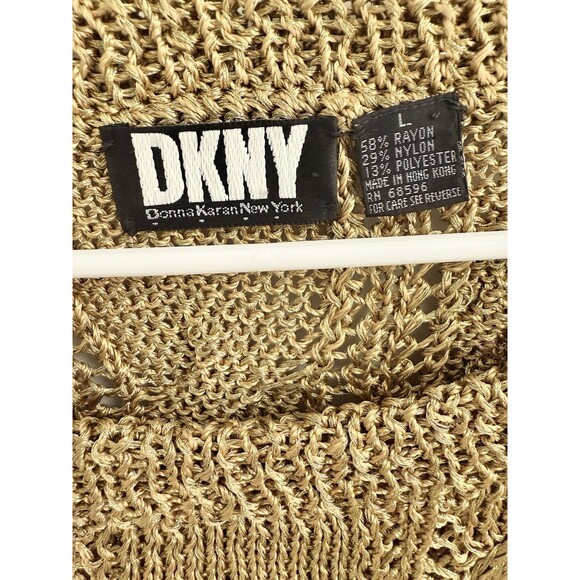 DKNY Donna Karan Large Metallic Gold Open Cable Knit Sweater Hand Knit Y2K - Picture 9 of 10